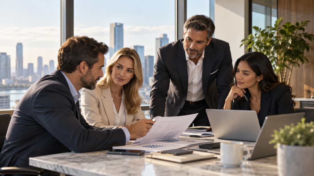 Four business professionals reviewing financial documents together during a meeting in a modern office