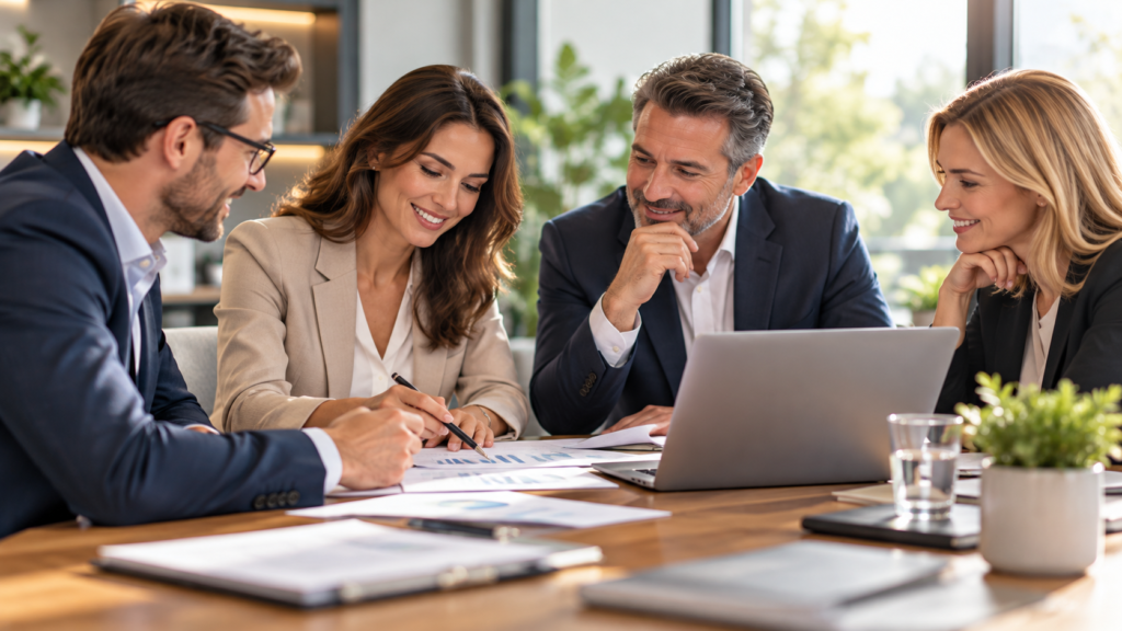 Commercial financing advisors and business professionals reviewing financial reports together during an office meeting